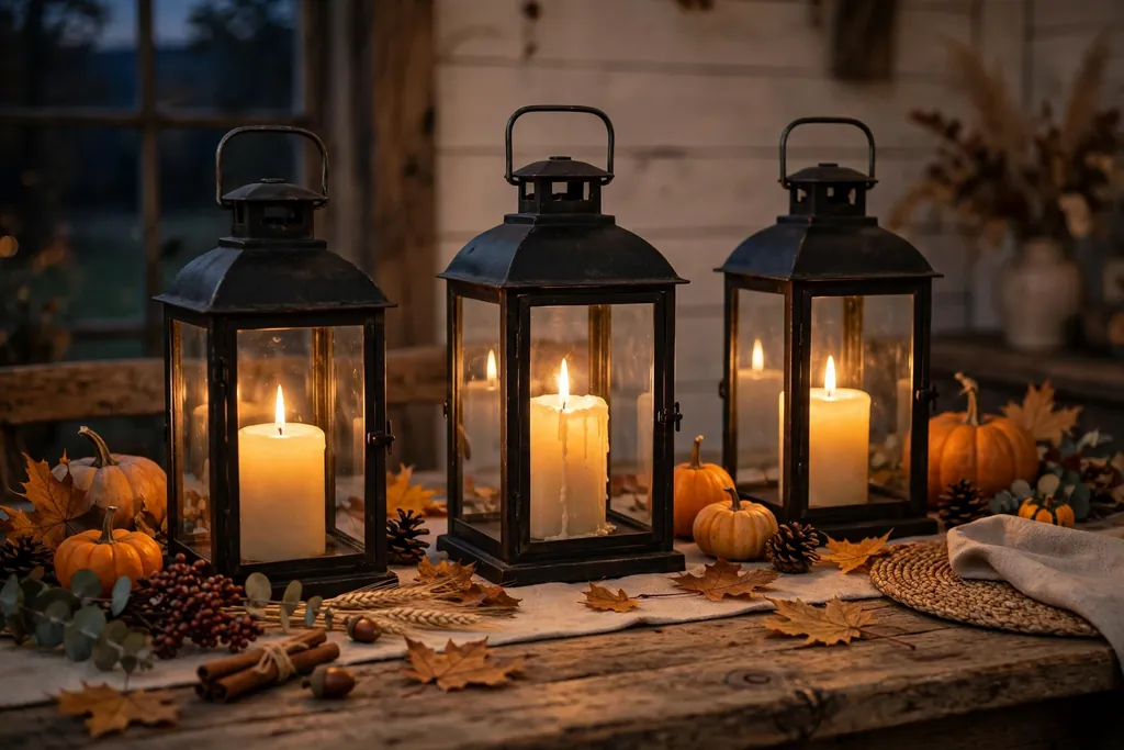 Metal lanterns with pillar candles on a farmhouse dining table in the evening.