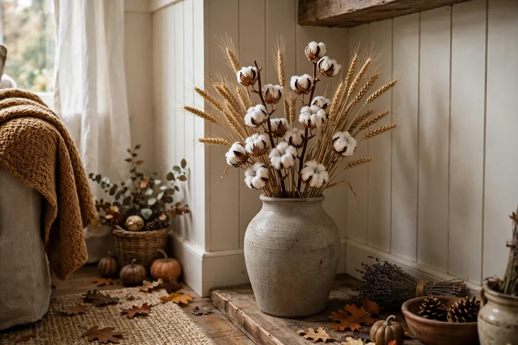 Stoneware vase holding dried wheat and cotton stems in a farmhouse living room corner.