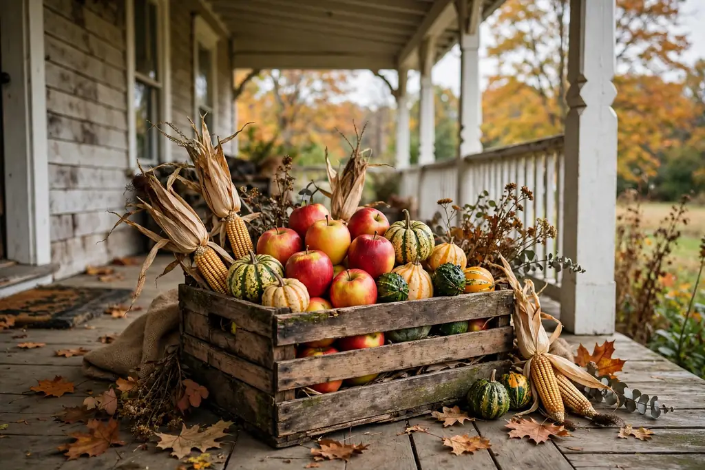 Wooden crate filled with apples, small gourds, and dried corn on a covered porch.