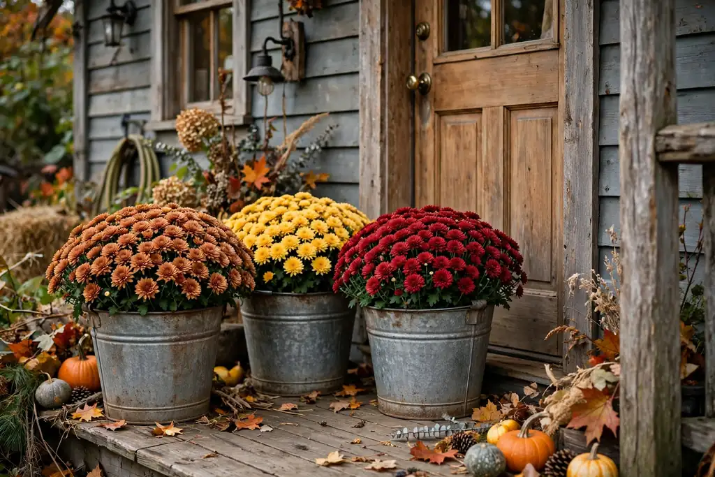Galvanized buckets of rust, gold, and red chrysanthemums beside a farmhouse front door.