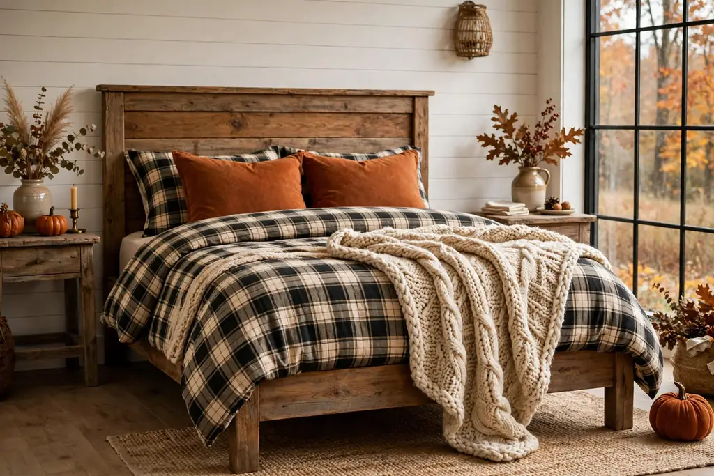 Farmhouse bed with plaid bedding, a knit throw, and rust cushions.