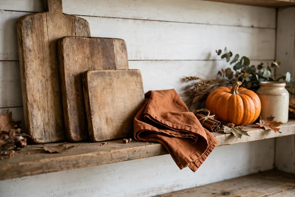 Farmhouse kitchen shelf with wooden cutting boards, a rust linen towel, and a small pumpkin.