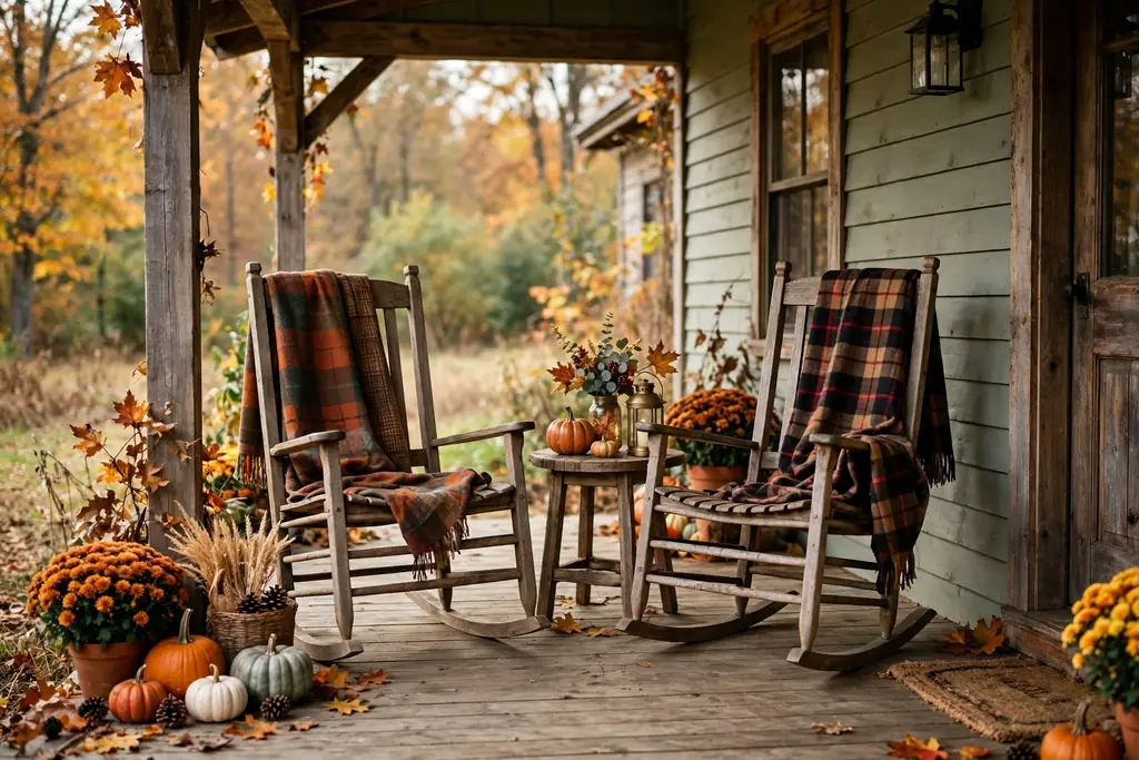Farmhouse porch with two rocking chairs, plaid blankets, and a small side table.