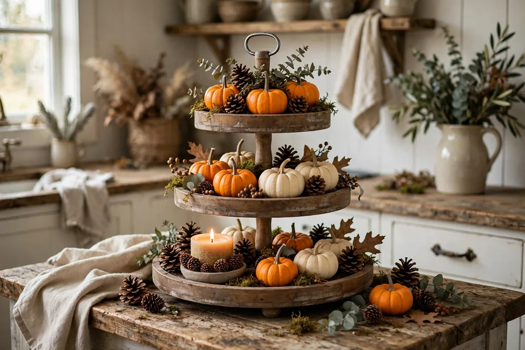 Tiered tray on a kitchen counter with mini pumpkins, a candle, and pinecones.