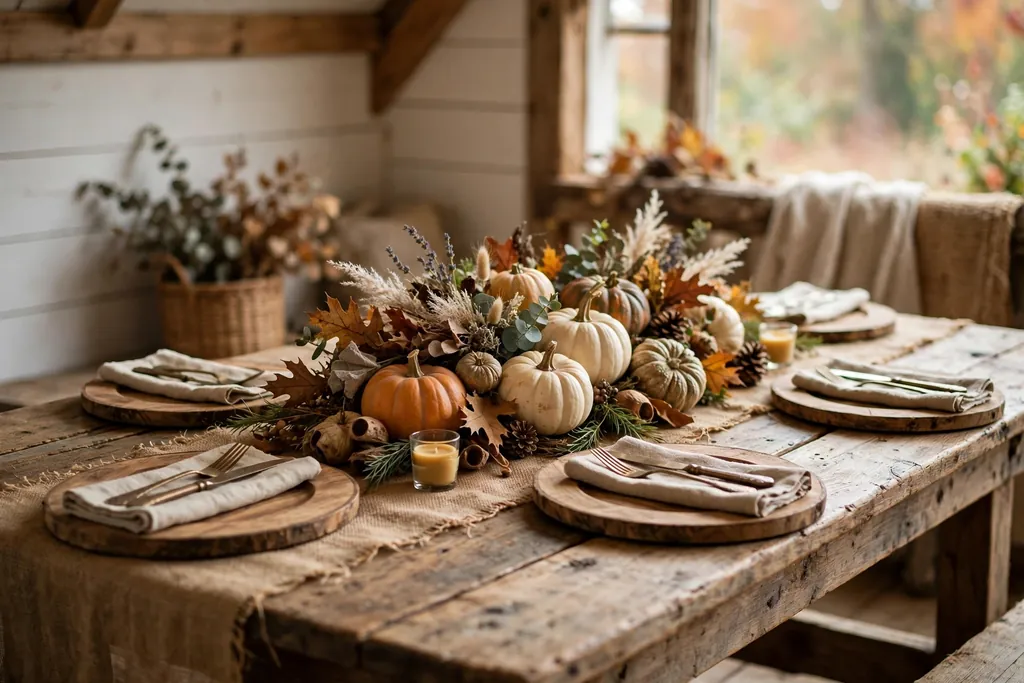 Farmhouse gathering table with a burlap runner, wood chargers, and a low pumpkin centerpiece.