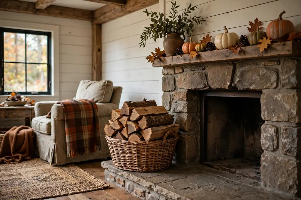 Basket of stacked split firewood beside a farmhouse fireplace hearth.