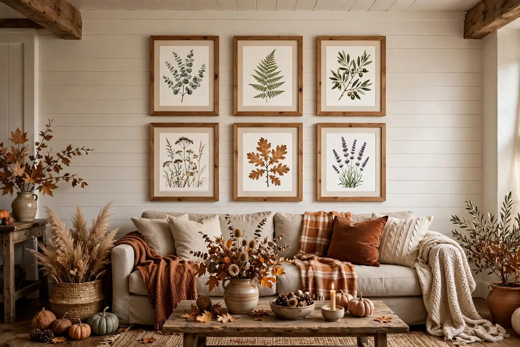 Farmhouse gallery wall in matching wood frames with botanical prints above a sofa.