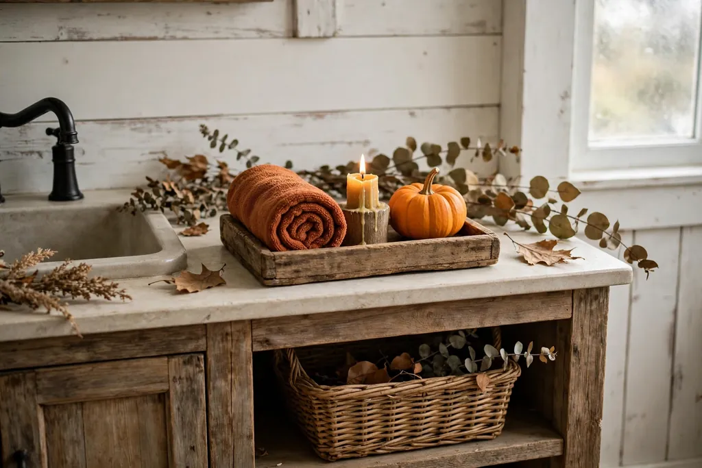 Small wood tray in a farmhouse bathroom with a rolled rust towel, a candle, and a mini pumpkin.