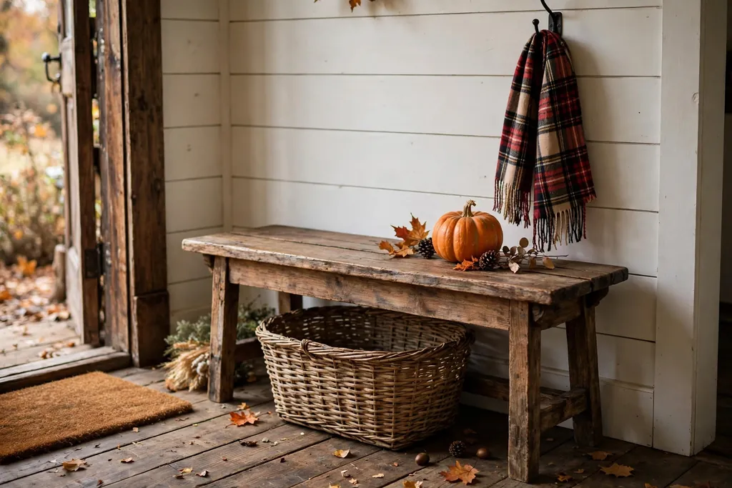 Farmhouse entry bench with a woven basket below, a plaid scarf on a hook, and a small pumpkin on top.