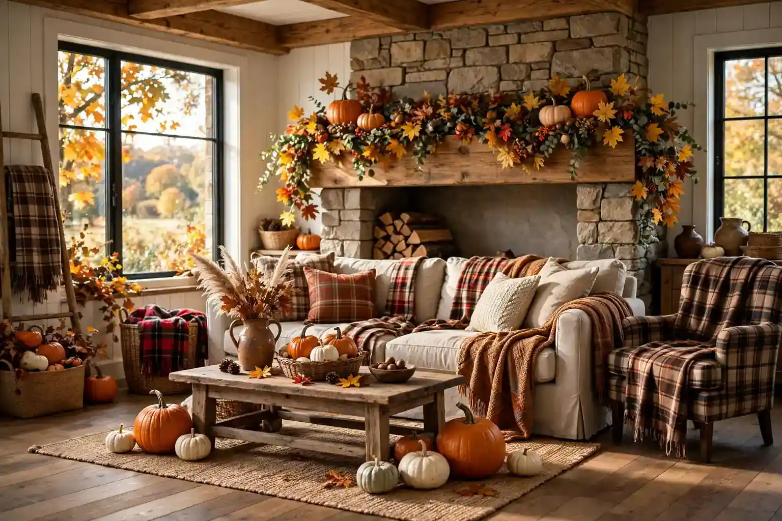 Wide farmhouse living room in fall with a wood mantel, leaf garland, plaid throws, and pumpkins.