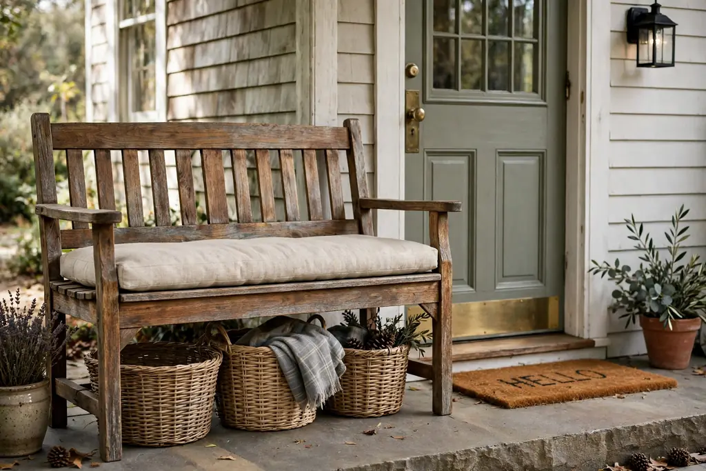 Wooden farmhouse bench with woven baskets underneath and a cushion on the seat.