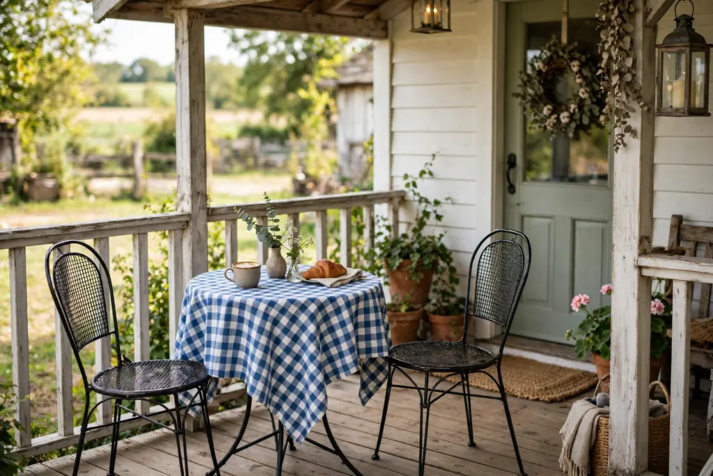 Small bistro table with a gingham cloth and two chairs on a farmhouse front porch.