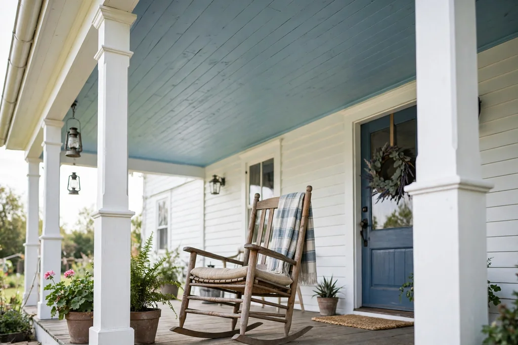 Farmhouse porch ceiling painted soft blue with white posts and a rocking chair below.