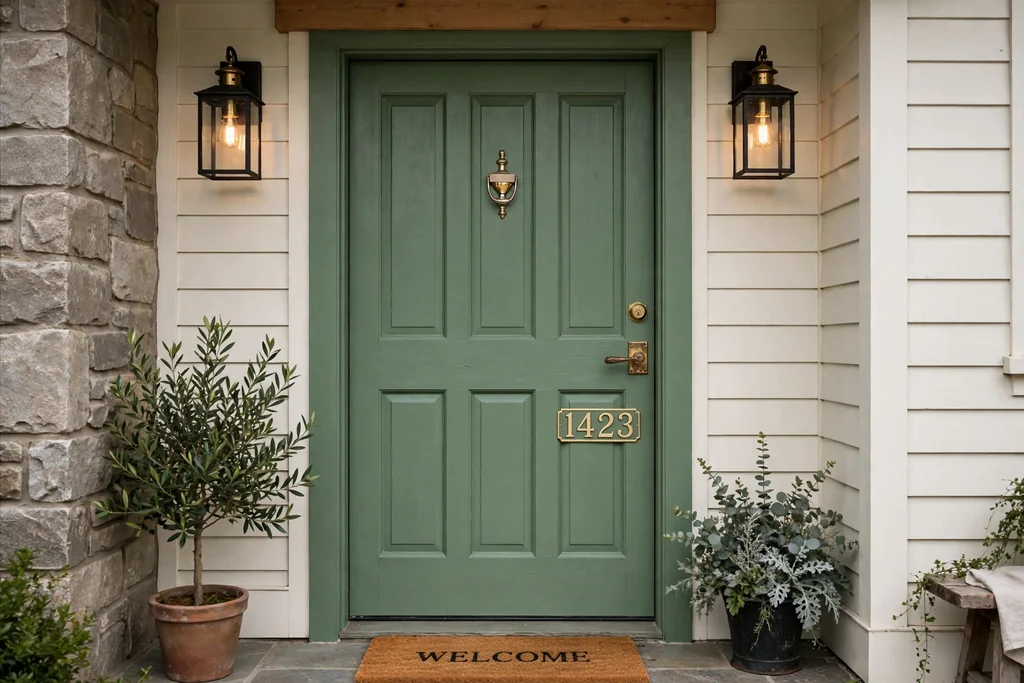 Bold sage green farmhouse front door with brass handle, knocker, and house numbers.