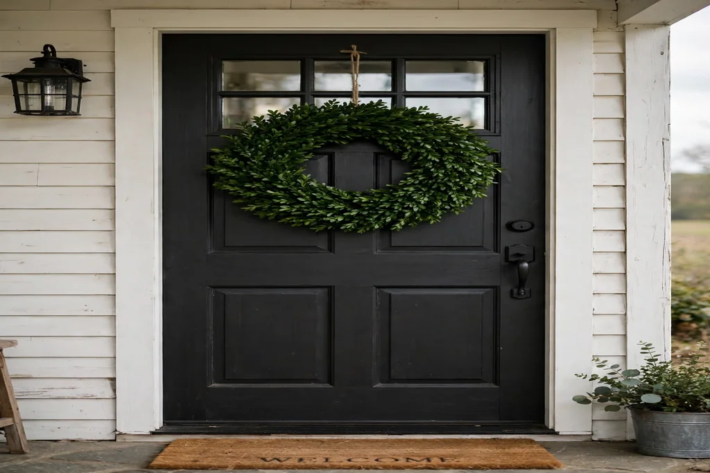 Plain deep green boxwood wreath hanging on a farmhouse front door.