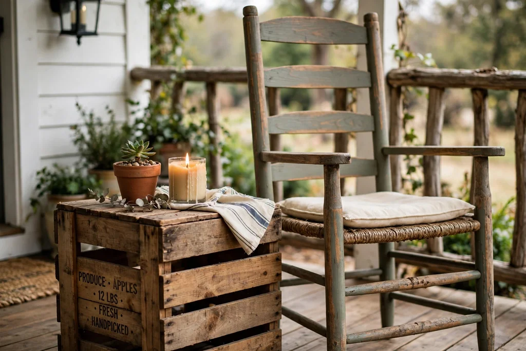 Wood crate side table with a candle and small plant beside a farmhouse porch chair.