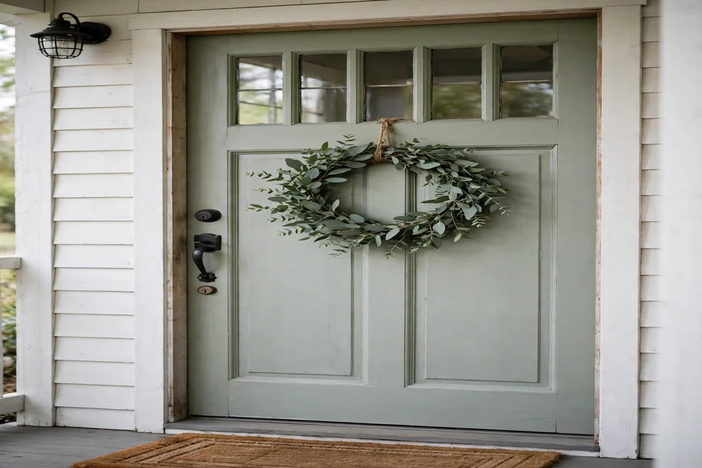 Simple eucalyptus wreath hanging on a painted farmhouse front door.