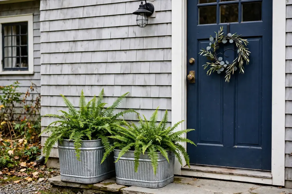 Galvanized metal planters with green ferns beside a farmhouse front door.