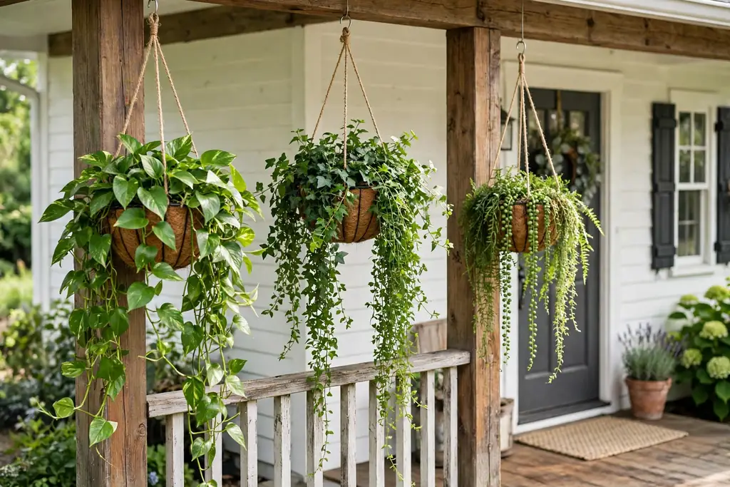 Hanging baskets with trailing green plants hanging from farmhouse porch posts.