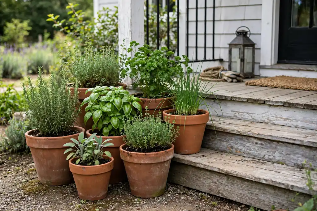 Terracotta pots with green herbs grouped beside farmhouse porch steps.