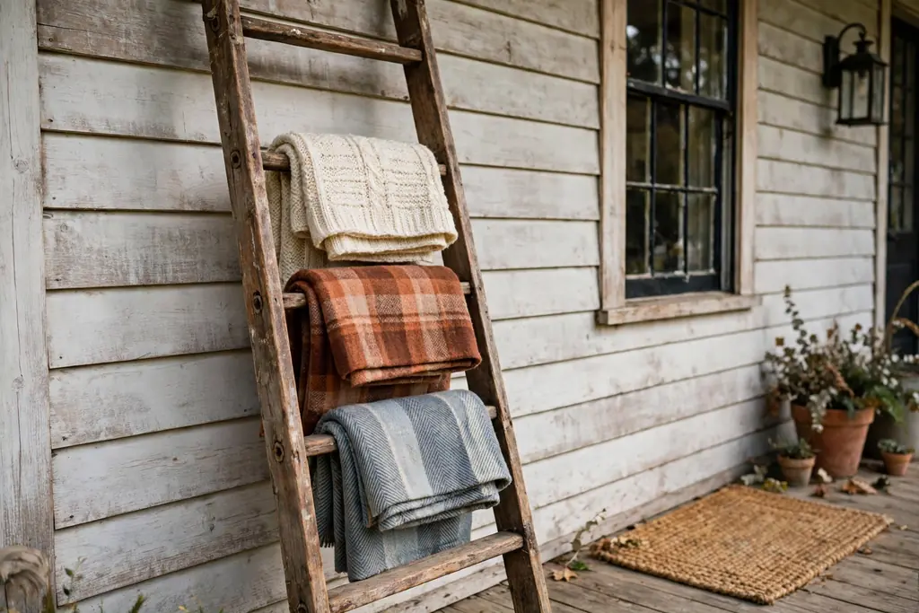 Vintage wood ladder with folded throws leaning against a farmhouse porch wall.