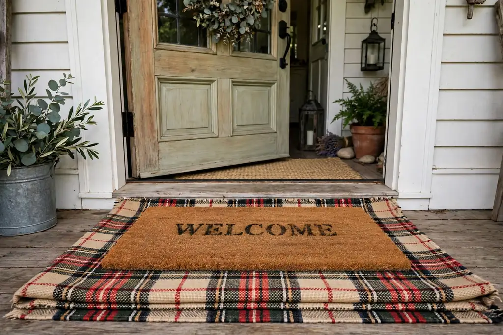 Layered plaid rug under a coir doormat at a farmhouse front door threshold.