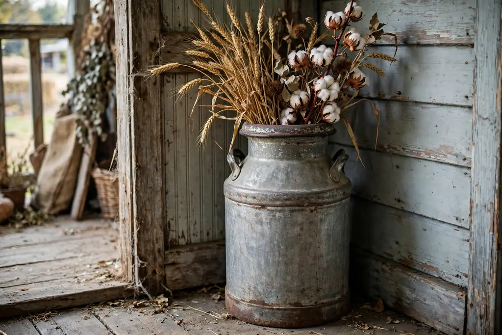 Old milk can filled with dried stems standing in a farmhouse porch corner.