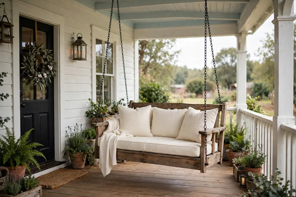 Wooden porch swing with cream cushions hanging on a farmhouse front porch.