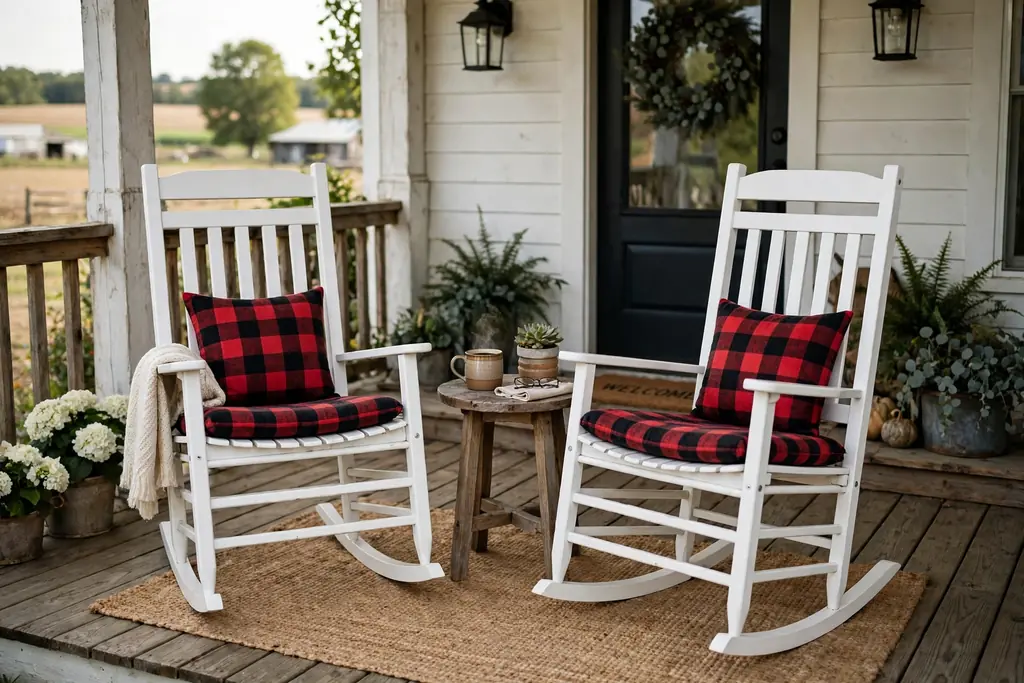 Two white rocking chairs with plaid cushions and a small table on a farmhouse front porch.