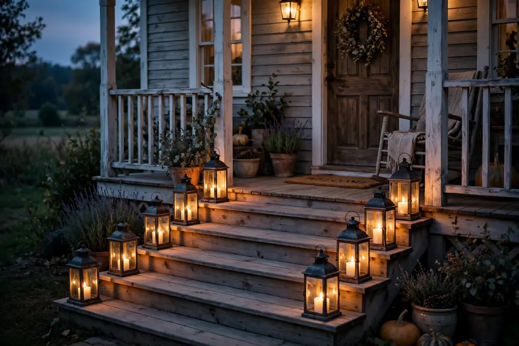 Lanterns with warm candles lined along farmhouse front porch steps.