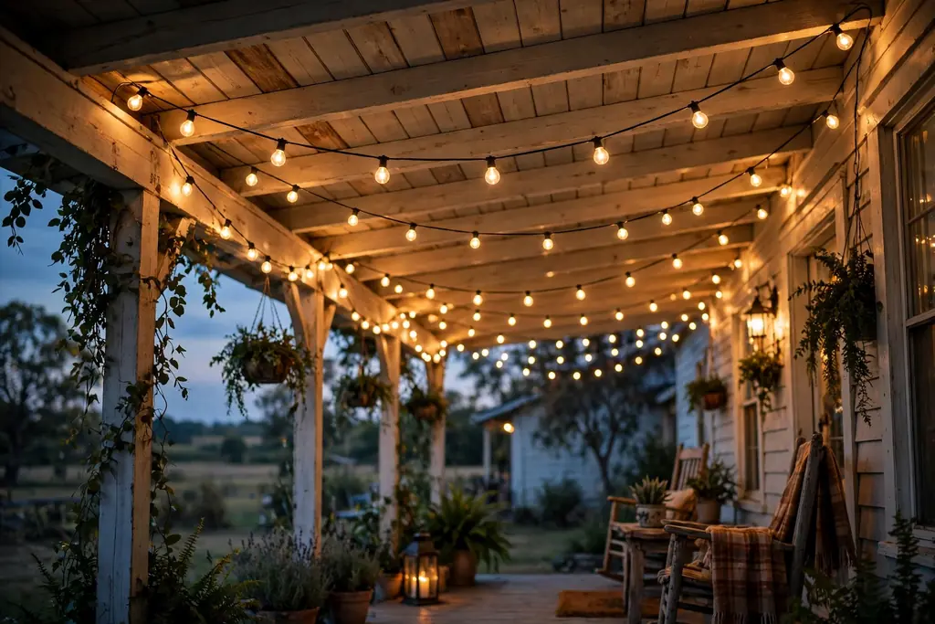 Warm string lights draped along a farmhouse porch ceiling at dusk.