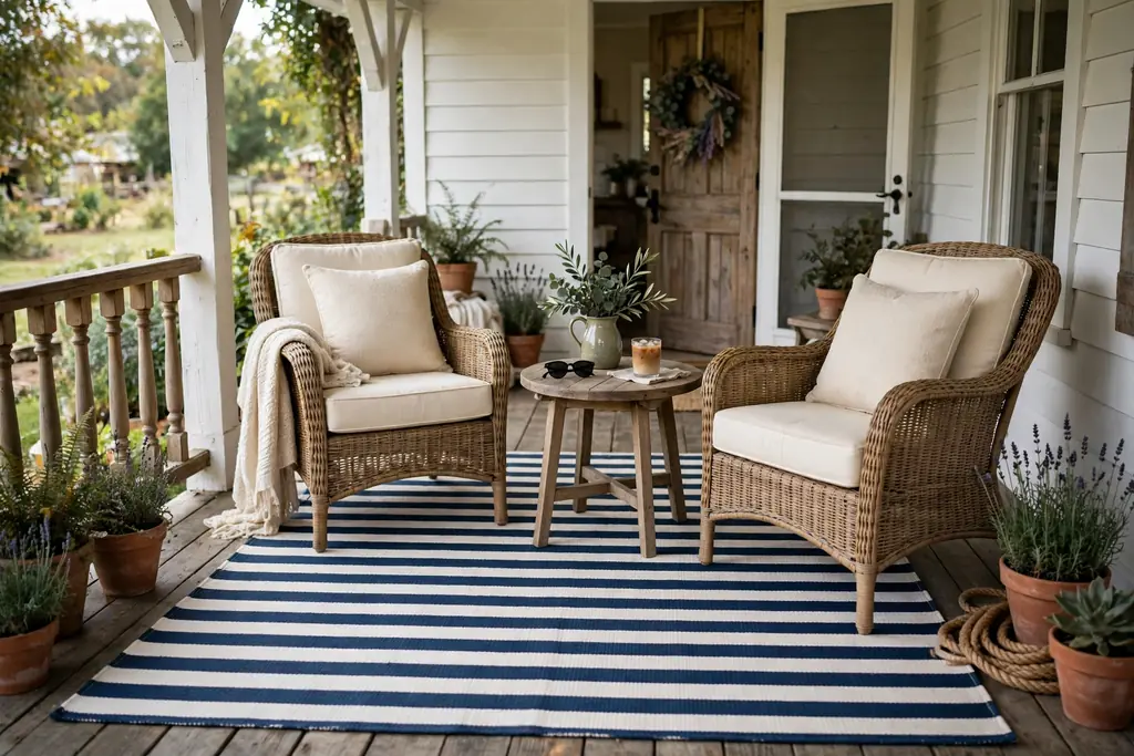 Striped outdoor rug under porch chairs and a small table on a farmhouse porch.