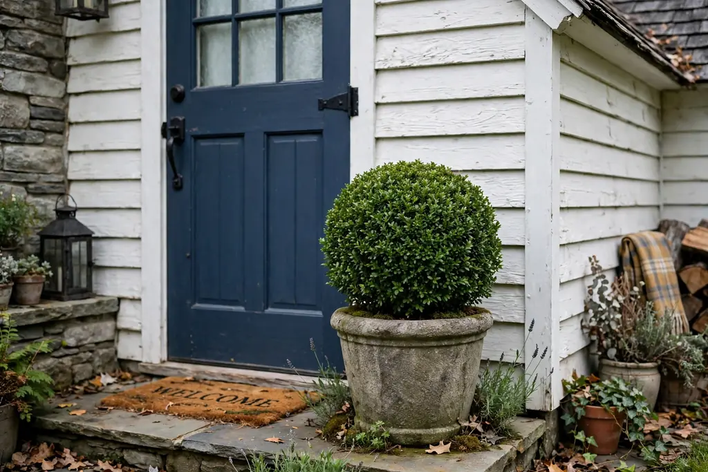 Potted ball topiary in a stone pot beside a farmhouse front door.