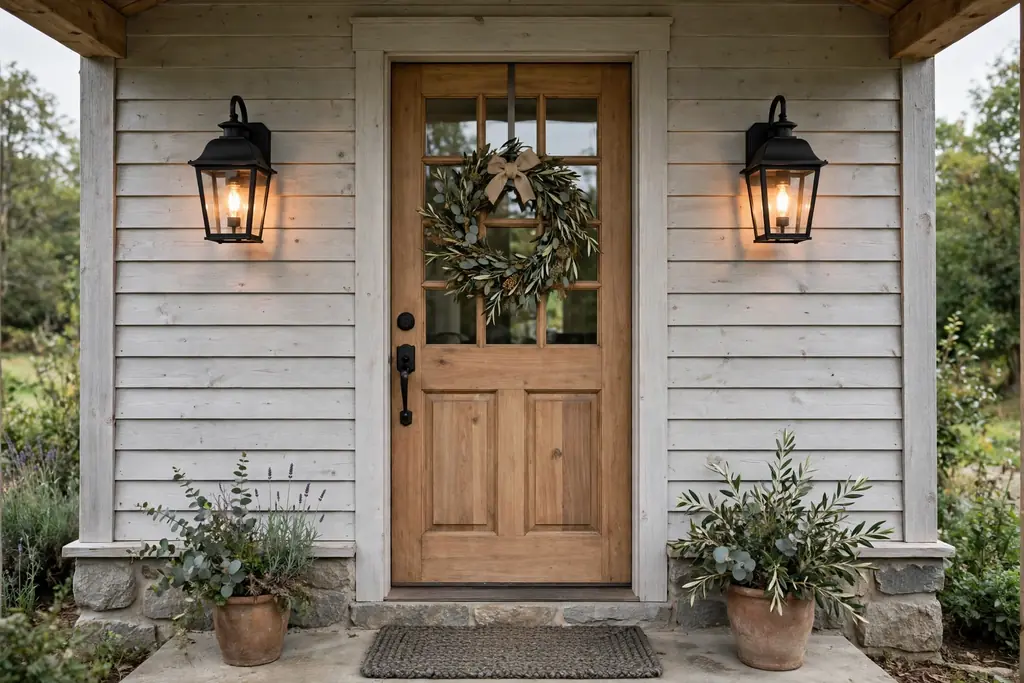 Black metal wall lanterns mounted on each side of a farmhouse front door.
