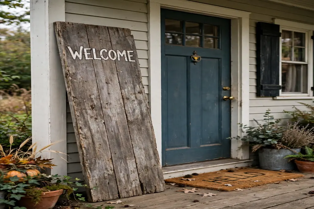 Tall weathered wood welcome sign leaning beside a farmhouse front door.