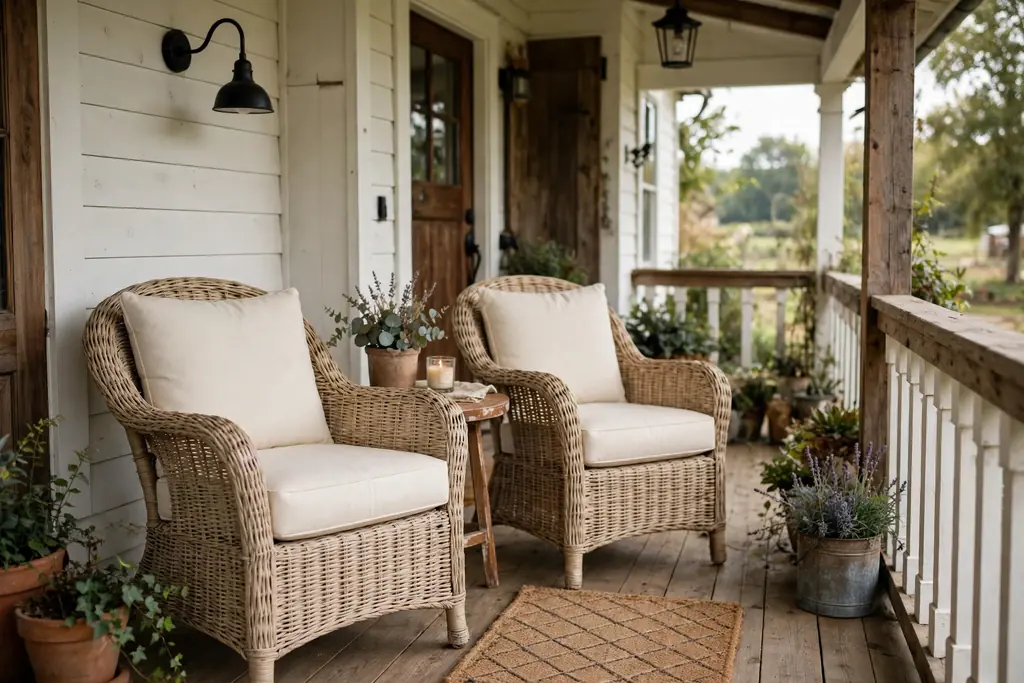 Wicker chairs with cream cushions and a small side table on a farmhouse front porch.