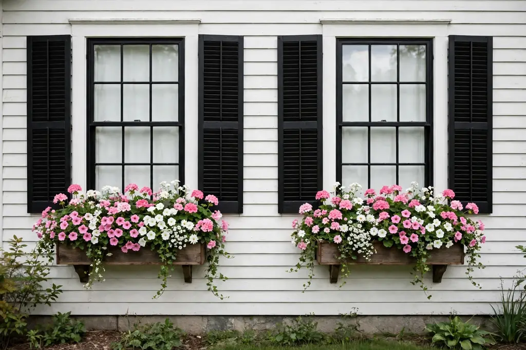 Window boxes with pink and white flowers under farmhouse front windows.