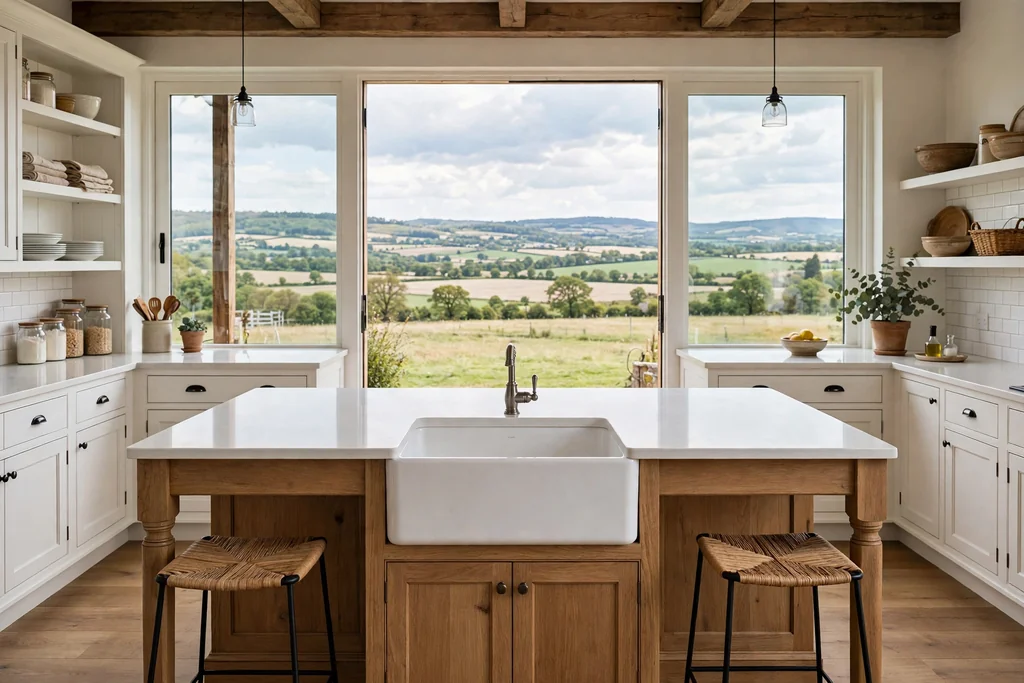 Farmhouse kitchen island with a white apron front sink, simple faucet, clear counters each side.