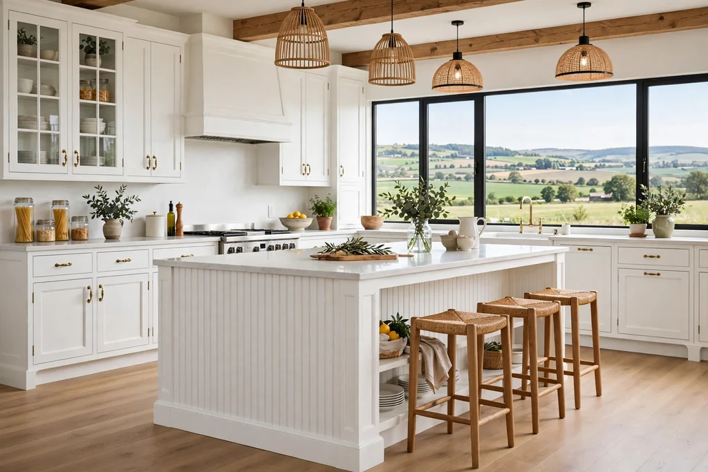 White farmhouse kitchen island clad in vertical beadboard panels, light kitchen with white cabinets.