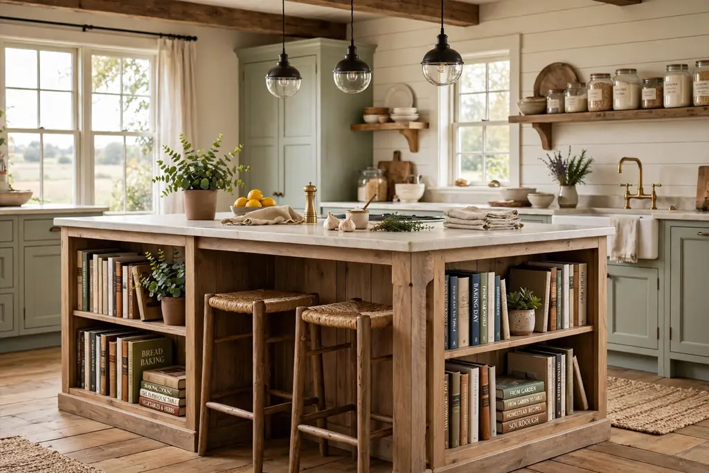 Farmhouse kitchen island with bookshelf ends holding cookbooks and a small plant.