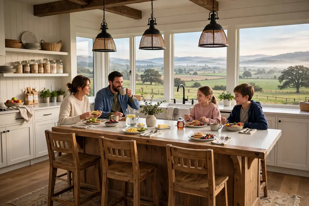 Farmhouse kitchen island with a seating overhang and wood stools, family eating breakfast.
