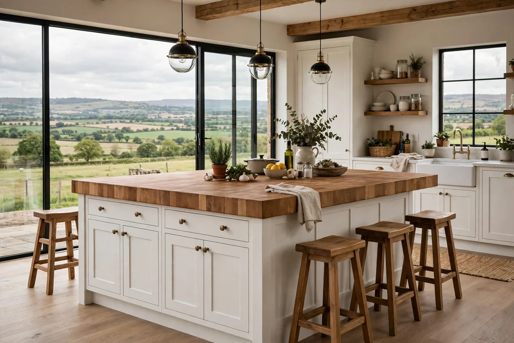 Farmhouse kitchen island with a thick butcher block top and a white painted shaker base, wood stools nearby.