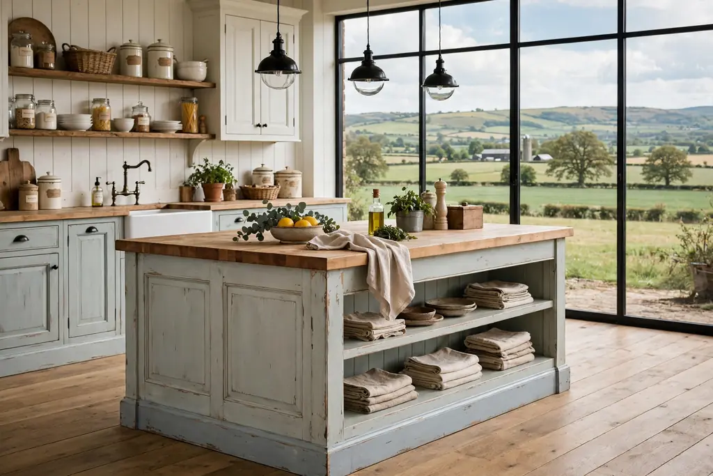 Farmhouse kitchen island with a lightly distressed weathered painted base, butcher block top.