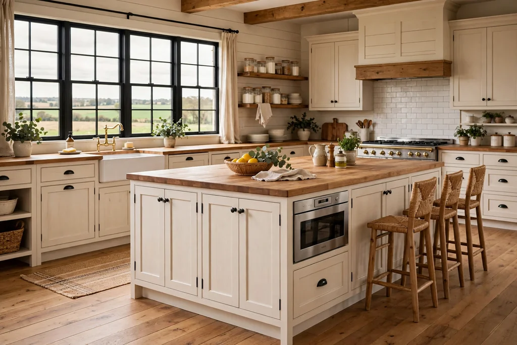 Farmhouse kitchen island with a microwave drawer below the counter and matched cabinet fronts.