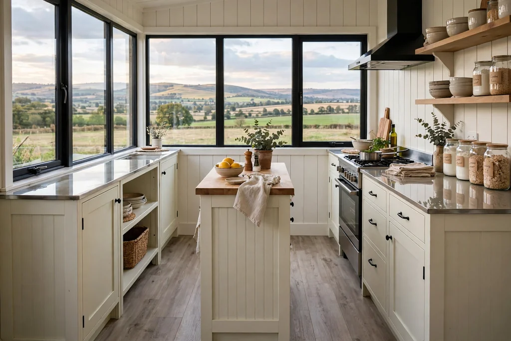 Narrow farmhouse kitchen island in a small kitchen, light base, clear walkways each side.