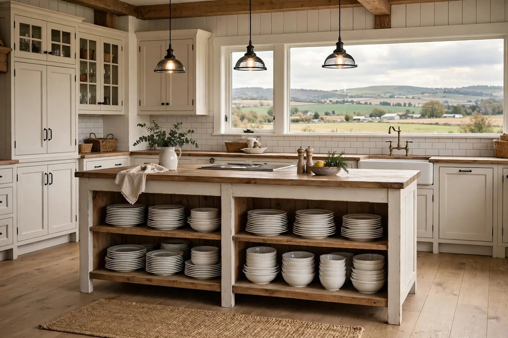 Farmhouse kitchen island with open shelving holding stacked white plates and bowls.