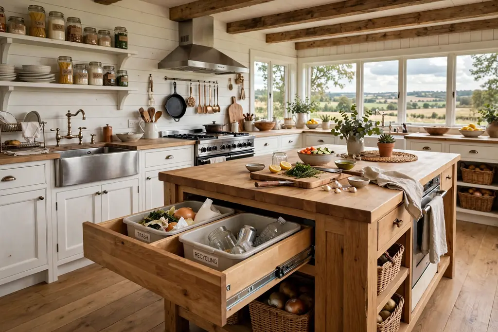 Farmhouse kitchen island with a pull out trash and recycling bin drawer open near the prep side.