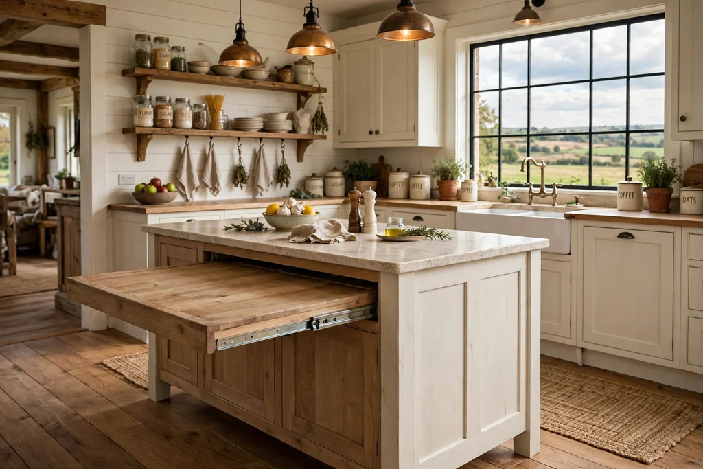 Farmhouse kitchen island with a pull out wooden cutting board extended below the counter.