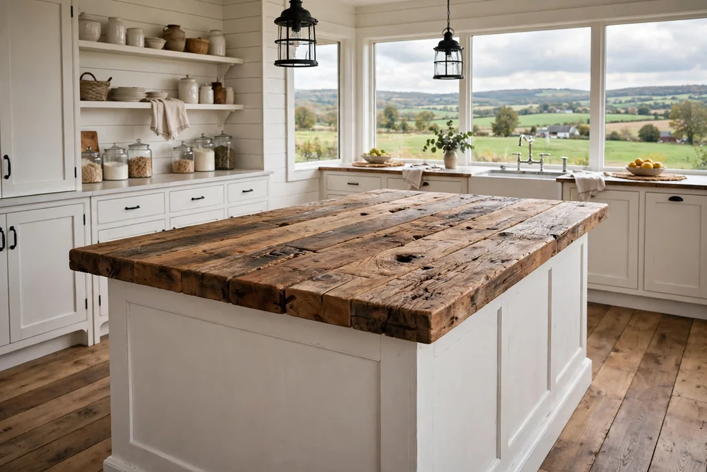 Farmhouse kitchen island with a reclaimed barn wood top showing grain and knots, plain painted base, wood floor.
