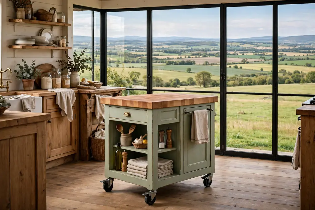 Small rolling farmhouse kitchen island on lockable casters with a butcher block top.